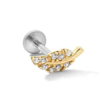 14K Hollow Gold and Titanium CZ Leaf Cartilage Stud – 18G 5/16"