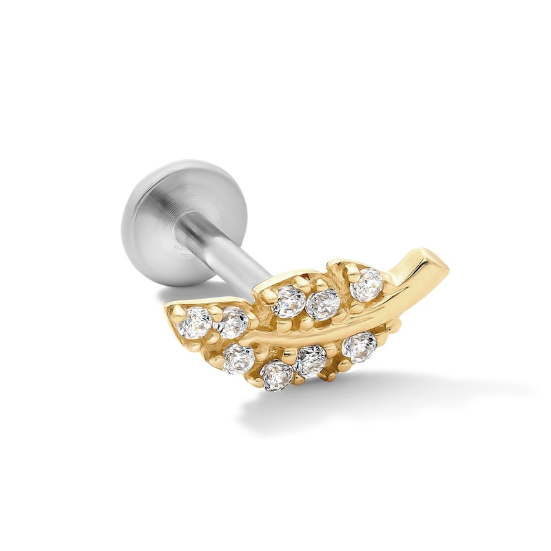 Main Image 1 of 14K Hollow Gold and Titanium CZ Leaf Cartilage Stud – 18G 5/16"