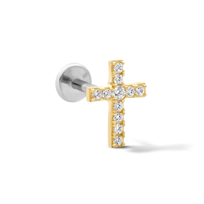 14K Hollow Gold and Titanium CZ Cross Cartilage Stud - 18G 5/16"