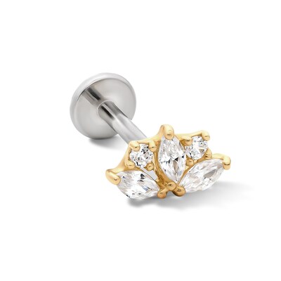 14K Hollow Gold and Titanium CZ Lotus Stud – 18G 5/16"