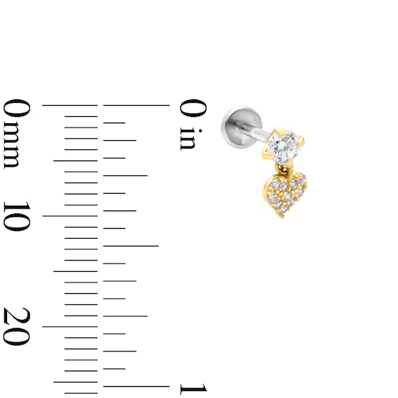 14K Hollow Gold and Titanium CZ Cartilage Heart Dangle Stud - 18G 5/16"