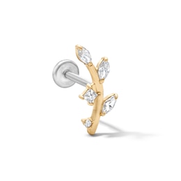 14K Gold and Titanium CZ Curved Leafy Branch Stud - 18G 5/16"