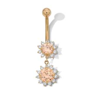 Yellow Ion-Plated CZ Champagne and White Flower Dangle Belly Ring - 14G