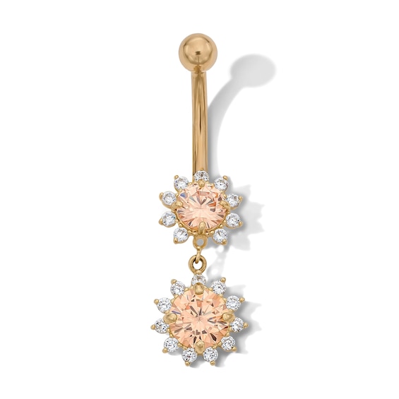 Yellow Ion-Plated CZ Champagne and White Flower Dangle Belly Ring - 14G