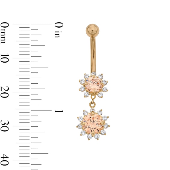 Yellow Ion-Plated CZ Champagne and White Flower Dangle Belly Ring - 14G