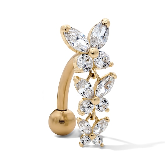 Yellow Ion-Plated CZ Butterfly Trio Belly Ring – 14G