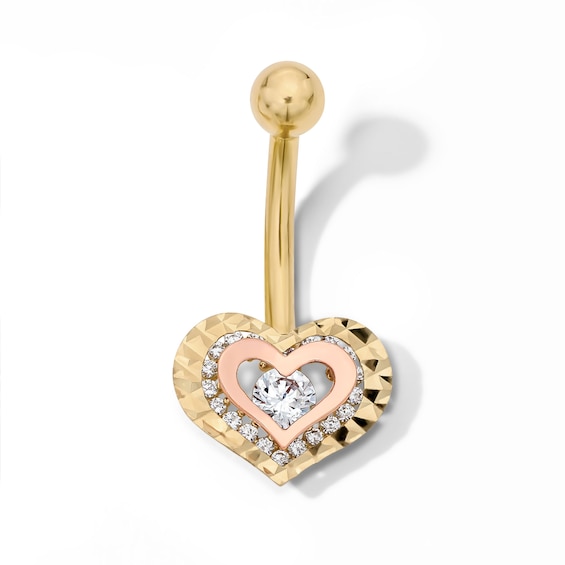 Yellow Ion Plated CZ Diamond-Cut Two-Tone Heart Belly Ring - 14G