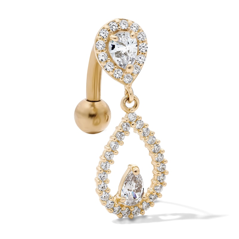 Main Image 1 of Yellow Ion-Plated CZ Pear-Shaped and Round Teardrop Frame Dangle Top Down Belly Ring - 14G