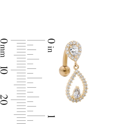 Yellow Ion-Plated CZ Pear-Shaped and Round Teardrop Frame Dangle Top Down Belly Ring - 14G