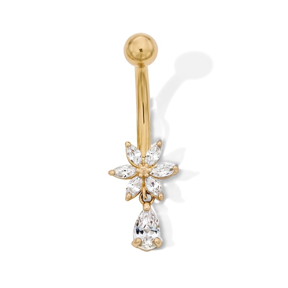 Yellow Ion Plated CZ Flower Dangle Belly Ring – 14G