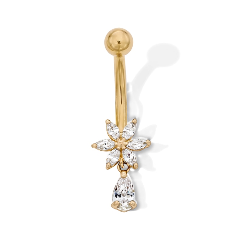 Main Image 1 of Yellow Ion Plated CZ Flower Dangle Belly Ring – 14G