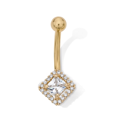 Yellow Ion Plated CZ Princess-Cut Frame Belly Button Ring - 14G