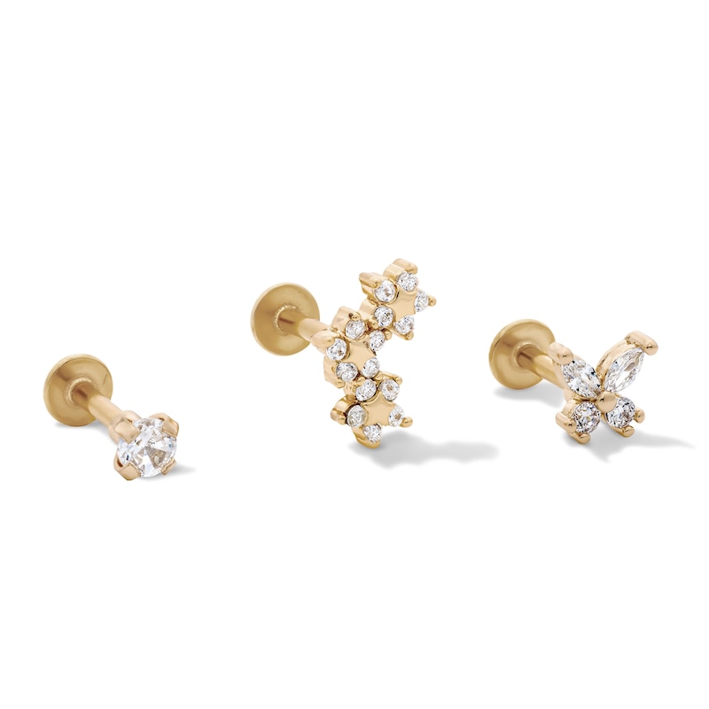 Main Image 1 of Yellow Ion-Plated CZ Solitaire, Flower Crawler, and Butterfly Stud Set - 18G 5/8"