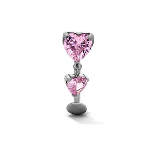 Semi-Solid Titanium Pink CZ Double Heart Dangle Belly Ring - 14G 7/16"