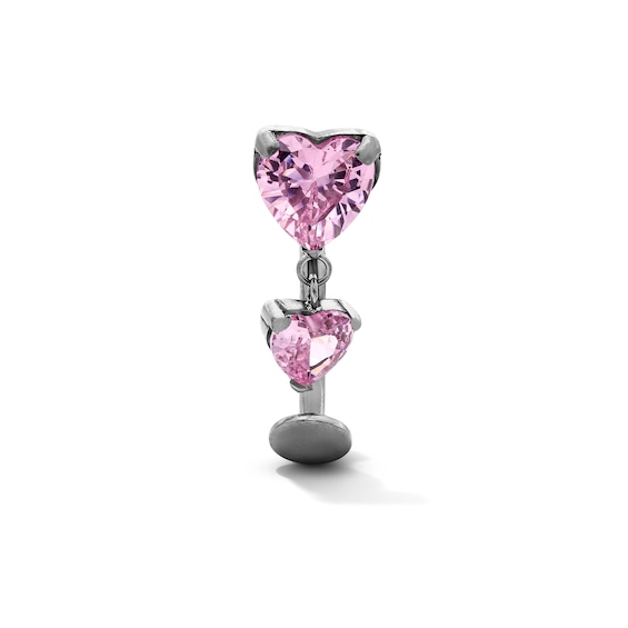 Semi-Solid Titanium Pink CZ Double Heart Dangle Belly Ring - 14G 7/16"
