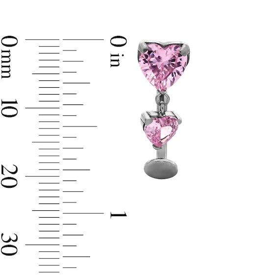 Semi-Solid Titanium Pink CZ Double Heart Dangle Belly Ring - 14G 7/16"