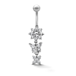 Semi-Solid Stainless Steel CZ Flower and Butterfly Dangle Belly Ring - 14G 7/16"