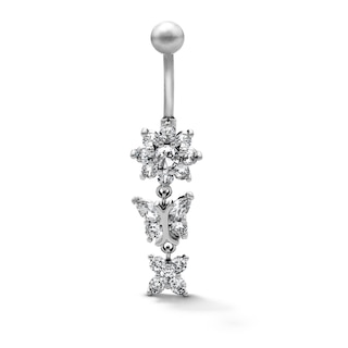Semi-Solid Stainless Steel CZ Flower and Butterfly Dangle Belly Ring - 14G 7/16"