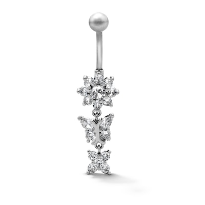 Semi-Solid Stainless Steel CZ Flower and Butterfly Dangle Belly Ring - 14G 7/16"