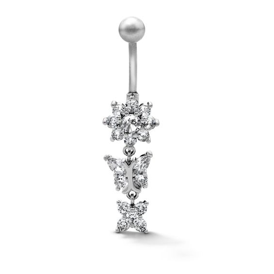 Semi-Solid Stainless Steel CZ Flower and Butterfly Dangle Belly Ring - 14G 7/16"