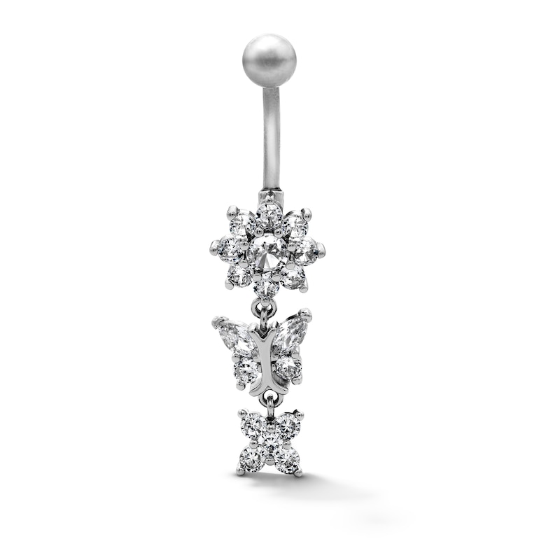 Main Image 1 of Semi-Solid Stainless Steel CZ Flower and Butterfly Dangle Belly Ring - 14G 7/16"