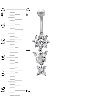Semi-Solid Stainless Steel CZ Flower and Butterfly Dangle Belly Ring - 14G 7/16"
