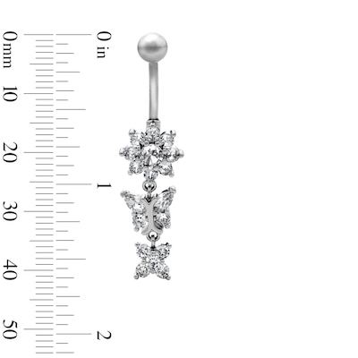 Semi-Solid Stainless Steel CZ Flower and Butterfly Dangle Belly Ring - 14G 7/16"