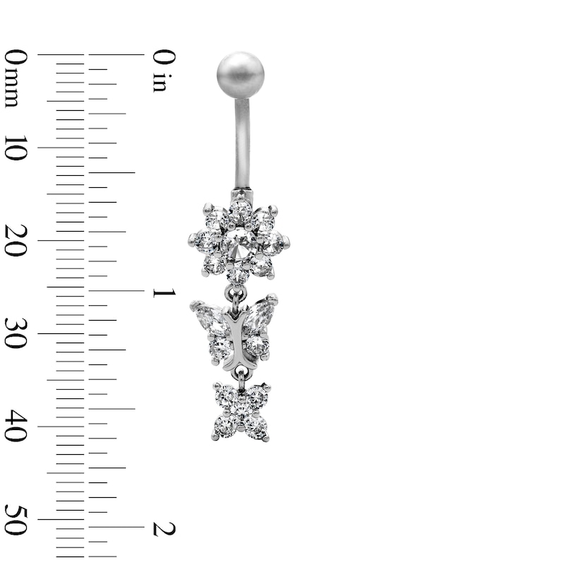 Main Image 2 of Semi-Solid Stainless Steel CZ Flower and Butterfly Dangle Belly Ring - 14G 7/16"