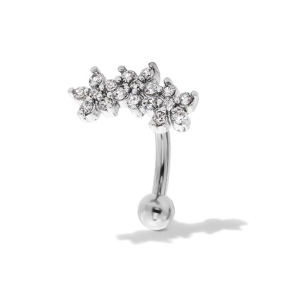 Semi-Solid Stainless Steel CZ Flower Trio Curved Barbell - 16G 3/8"