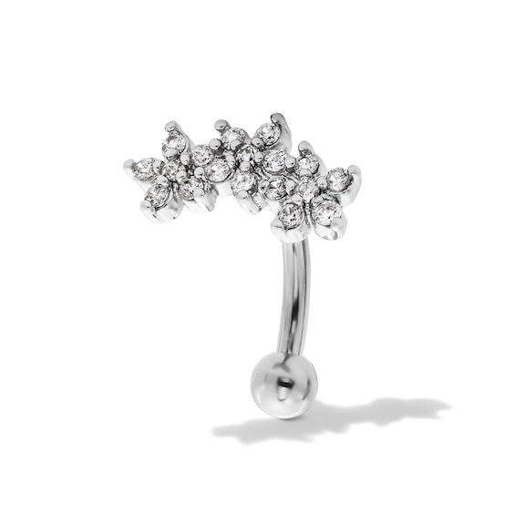 Semi-Solid Stainless Steel CZ Flower Trio Curved Barbell - 16G 3/8"