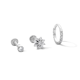Semi-Solid Stainless Steel CZ Stud, Flower, and Hoop Set - 18G 5/16"