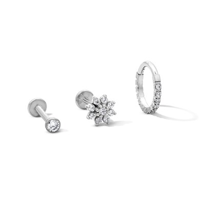Semi-Solid Stainless Steel CZ Stud, Flower, and Hoop Set - 18G 5/16"