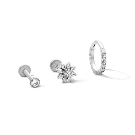 Semi-Solid Stainless Steel CZ Stud, Flower, and Hoop Set - 18G 5/16"