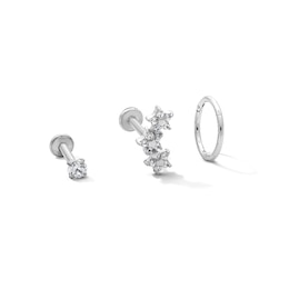Semi-Solid Stainless Steel CZ Stud, Crawler, and Hoop Set - 18G 5/16"