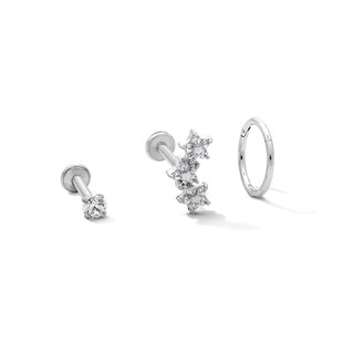 Semi-Solid Stainless Steel CZ Stud, Crawler, and Hoop Set - 18G 5/16"