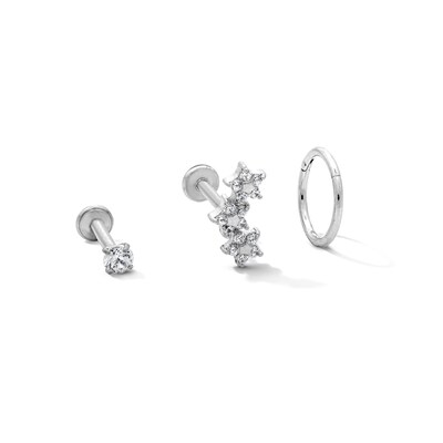 Semi-Solid Stainless Steel CZ Stud, Crawler, and Hoop Set - 18G 5/16"