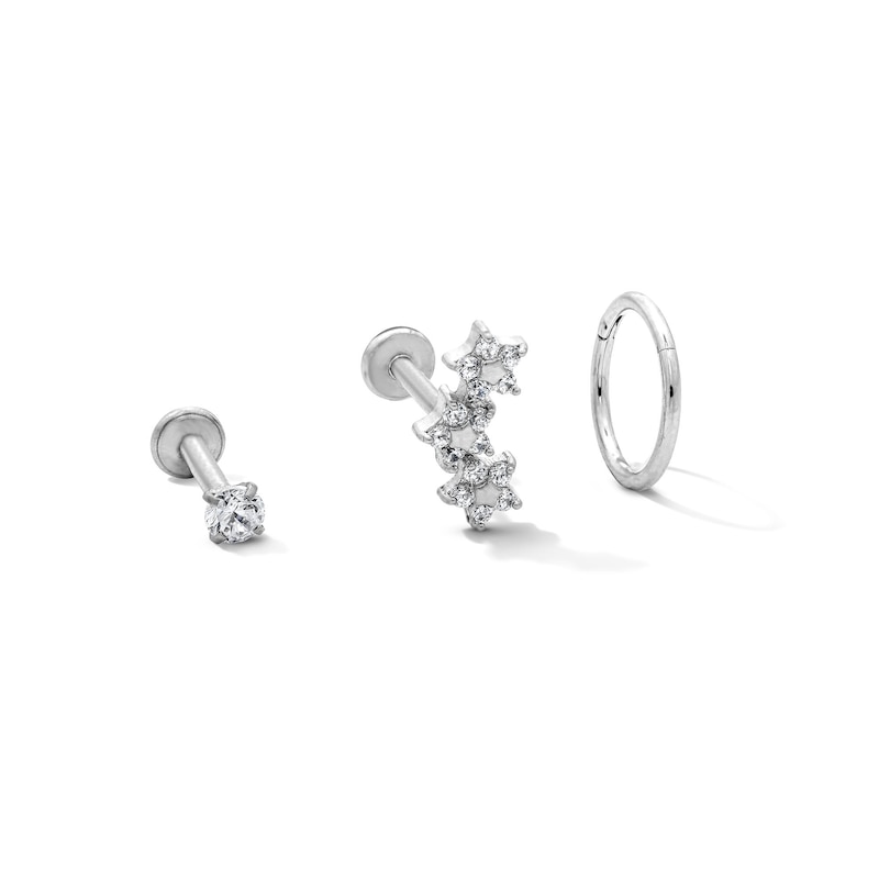 Main Image 1 of Semi-Solid Stainless Steel CZ Stud, Crawler, and Hoop Set - 18G 5/16"