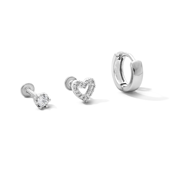 Semi-Solid Stainless Steel CZ Stud, Heart, and Hoop Set - 18G 5/16"
