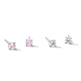 Solid Sterling Silver Pink and Clear CZ Round Solitaire Studs Set