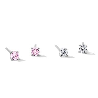 Solid Sterling Silver Pink and Clear CZ Round Solitaire Studs Set