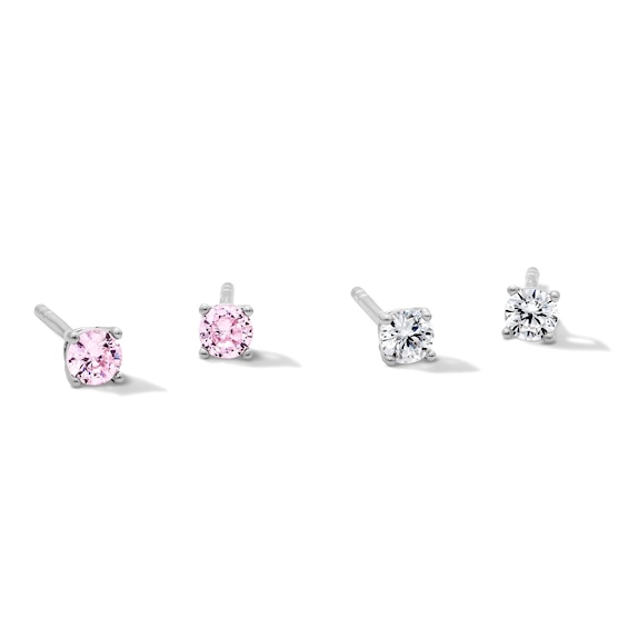 Solid Sterling Silver Pink and Clear CZ Round Solitaire Studs Set