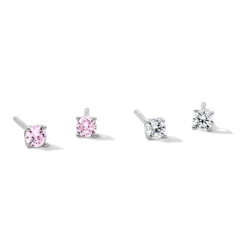Main Image 1 of Solid Sterling Silver Pink and Clear CZ Round Solitaire Studs Set
