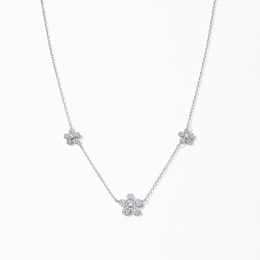 Solid Sterling Silver CZ Three Station Flower Necklace - 18"