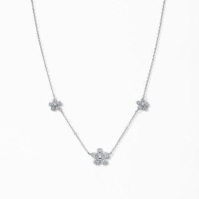 Solid Sterling Silver CZ Three Station Flower Necklace - 18"