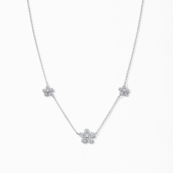 Solid Sterling Silver CZ Three Station Flower Necklace - 18"
