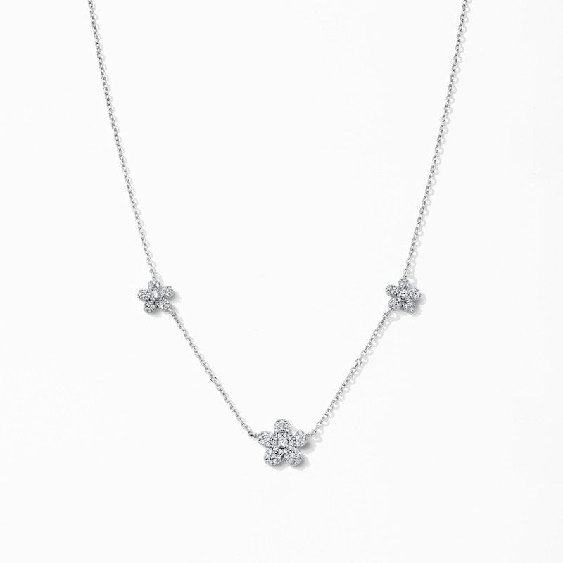 Main Image 1 of Solid Sterling Silver CZ Three Station Flower Necklace - 18"