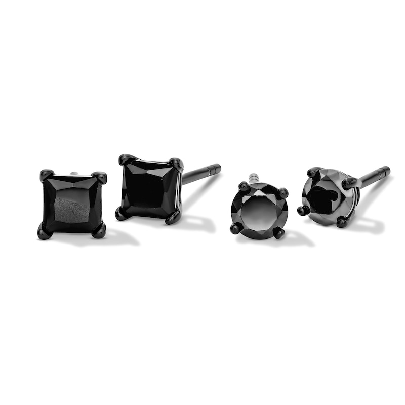 Main Image 1 of Black Rhodium Plated 4mm Black CZ Round and Square Solitaire Stud Set