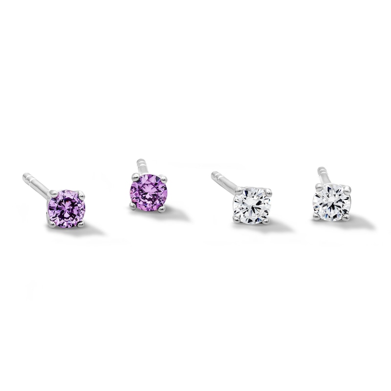 Main Image 1 of Solid Sterling Silver 3mm Purple and Clear Round CZ Solitaire Studs