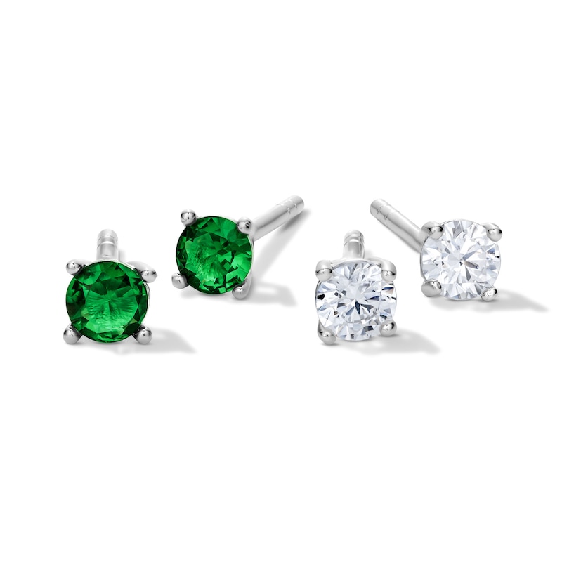 Main Image 1 of Solid Sterling Silver 3mm Green and White CZ Round Solitaire Stud Set