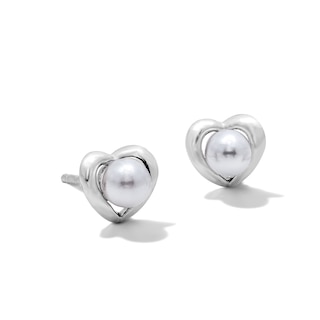 Solid Sterling Silver Simulated Pearl Heart Studs